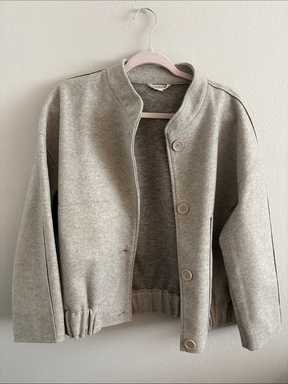 Max Studio Light Gray Button-Front Bomber Jacket